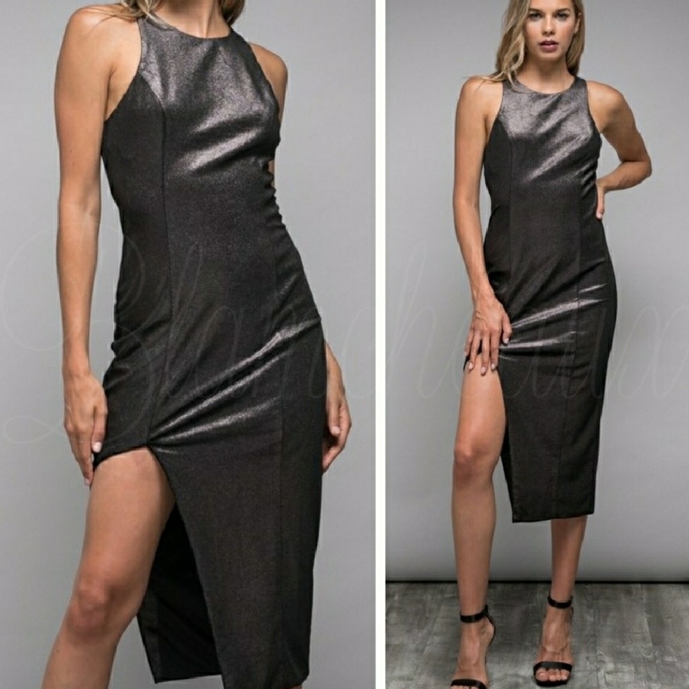 Sleek Black Metallic Sheath Dress with Front Slit - Picture 2 of 7